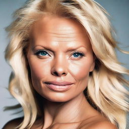 Create a very realistic and detailed image of Pamela Anderson's face, capturing her likeness with high precision as if taken with a Nikon camera