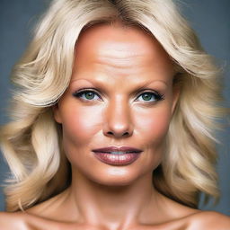 Create a very realistic and detailed image of Pamela Anderson's face, capturing her likeness with high precision as if taken with a Nikon camera