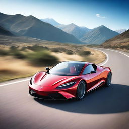 A sleek and modern sports car with an aerodynamic design, speeding down a highway