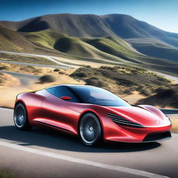 A sleek and modern sports car with an aerodynamic design, speeding down a highway