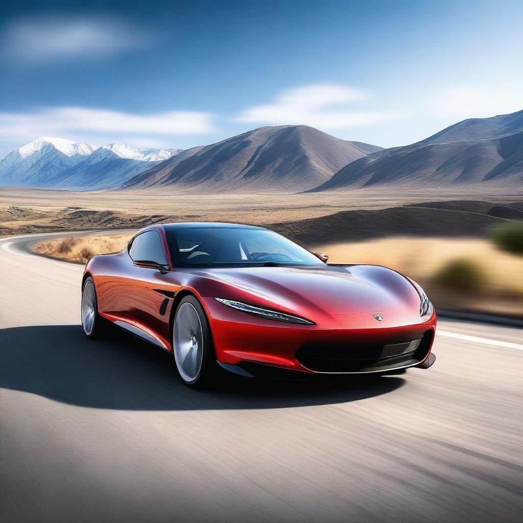 A sleek and modern sports car with an aerodynamic design, speeding down a highway