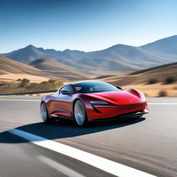 A sleek and modern sports car with an aerodynamic design, speeding down a highway