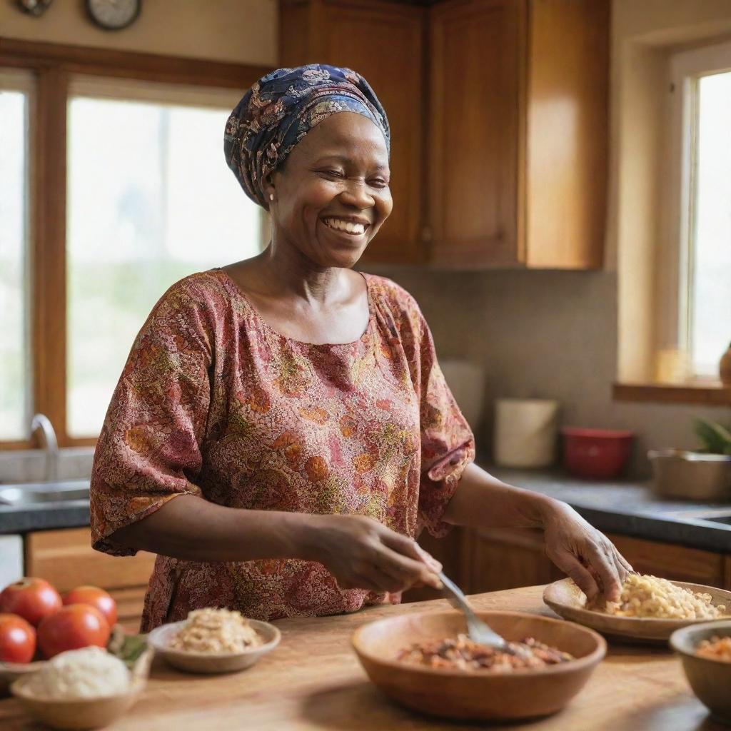 An African mother joyfully preparing a traditional meal in a warm and homey kitchen setting