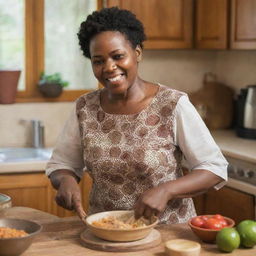 An African mother joyfully preparing a traditional meal in a warm and homey kitchen setting