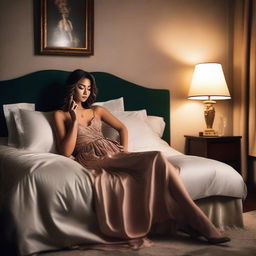 A scene depicting a woman in a sexy dress laying on a bed while using her phone