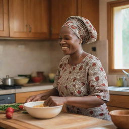 An African mother joyfully preparing a traditional meal in a warm and homey kitchen setting