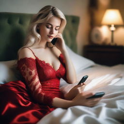 A scene depicting a sexy blonde-haired woman in a red dress laying on a bed while using her phone