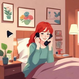 A beautiful red-headed woman is talking on the phone in her room