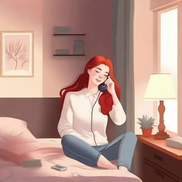 A beautiful red-headed woman is talking on the phone in her room