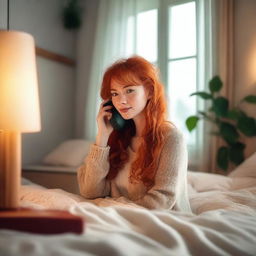 A beautiful red-headed woman is talking on the phone in her room