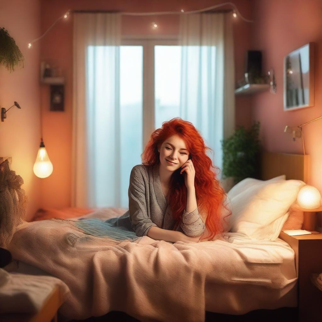 A beautiful red-headed woman is talking on the phone in her room