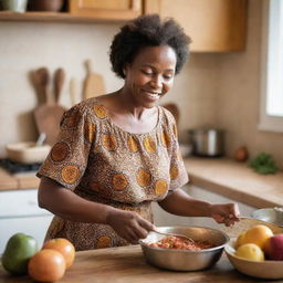 An African mother joyfully preparing a traditional meal in a warm and homey kitchen setting