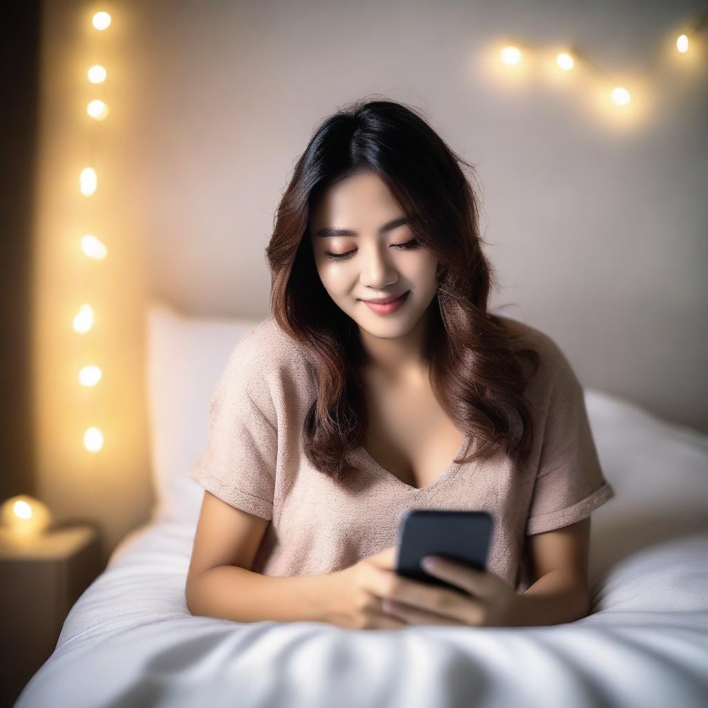 A beautiful woman is lying on her bed in her room, casually using her phone