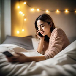 A beautiful woman is lying on her bed in her room, casually using her phone