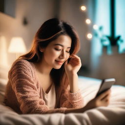 A beautiful woman is lying on her bed in her room, casually using her phone