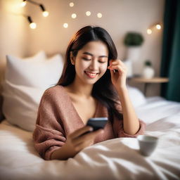 A beautiful woman is lying on her bed in her room, casually using her phone