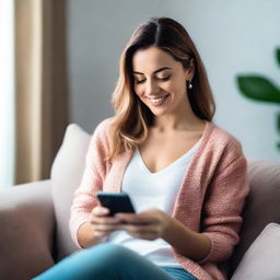 A beautiful and attractive woman is in her house, casually using her phone