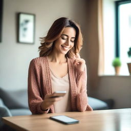 A beautiful and attractive woman is in her house, casually using her phone