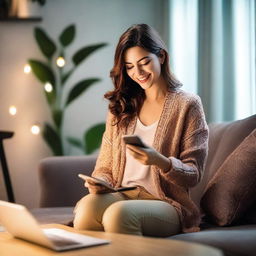 A beautiful and attractive woman is in her house, casually using her phone