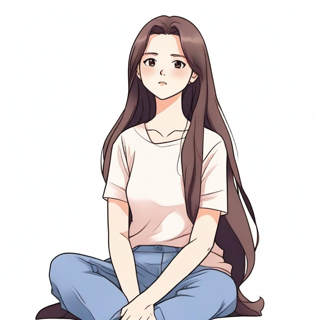 A long-haired brunette girl is sitting peacefully