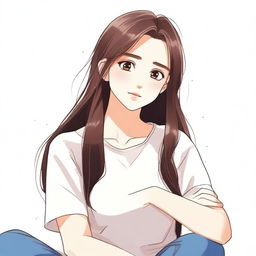 A long-haired brunette girl is sitting peacefully