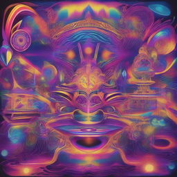 A vibrant and colorful depiction of a psychedelic trance scene, featuring intricate patterns, neon lights, and abstract shapes