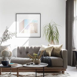 A stylish, modern showhome standard living room interior with natural light pouring in, a cozy sofa, a chic coffee table, trendy wall art and lush indoor plants.