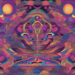 A vibrant and colorful depiction of a psychedelic trance scene, featuring intricate patterns, neon lights, and abstract shapes