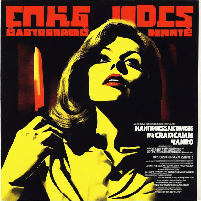 A movie poster in the giallo horror style featuring a woman with a gloved hand holding a knife to her neck