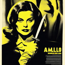 A movie poster in the giallo horror style featuring a woman with a gloved hand holding a knife to her neck