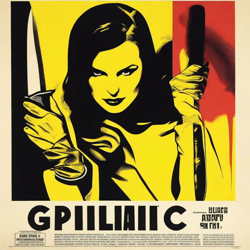 Design a giallo style movie poster featuring a gloved hand holding a knife, cutting a woman's neck