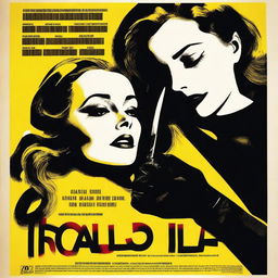 Design a giallo style movie poster featuring a gloved hand holding a knife, cutting a woman's neck