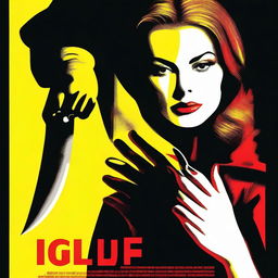 Design a giallo style movie poster featuring a gloved hand holding a knife, cutting a woman's neck