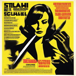 Design a giallo style movie poster featuring a gloved hand holding a knife, cutting a woman's neck