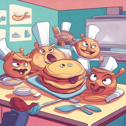 A group of anthropomorphic pancakes with menacing expressions, holding tiny weapons, and looking like they are ready to attack