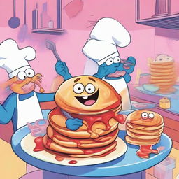 A group of anthropomorphic pancakes with menacing expressions, holding tiny weapons, and looking like they are ready to attack