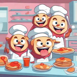 A group of anthropomorphic pancakes with menacing expressions, holding tiny weapons, and looking like they are ready to attack