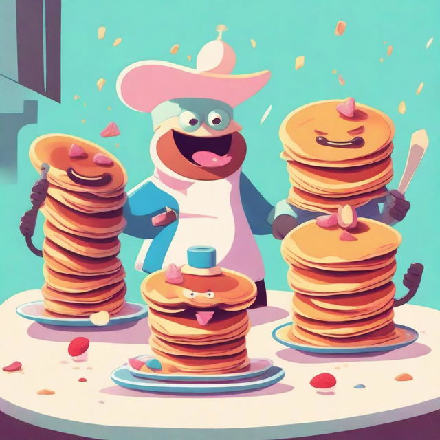 A group of anthropomorphic pancakes with menacing expressions, holding tiny weapons, and looking like they are ready to attack