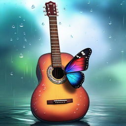 A serene scene featuring a butterfly resting on a guitar while rain gently falls in the background