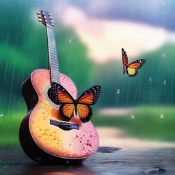 A serene scene featuring a butterfly resting on a guitar while rain gently falls in the background