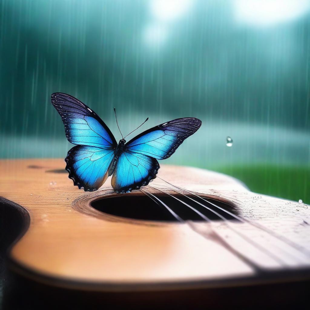 A serene scene featuring a butterfly resting on a guitar while rain gently falls in the background