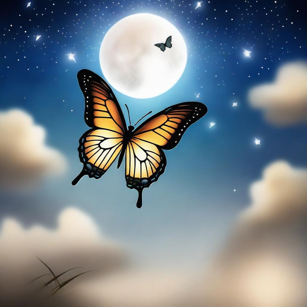 A serene scene featuring a beautiful butterfly fluttering in the sky under the gentle glow of the moon