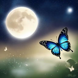 A serene scene featuring a beautiful butterfly fluttering in the sky under the gentle glow of the moon