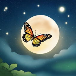 A serene scene featuring a beautiful butterfly fluttering in the sky under the gentle glow of the moon