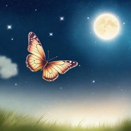 A serene scene featuring a beautiful butterfly fluttering in the sky under the gentle glow of the moon