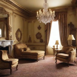 Create a luxurious hotel room inspired by the style of Louis XIV, featuring ornate furniture, rich fabrics, gilded decorations, and an opulent chandelier