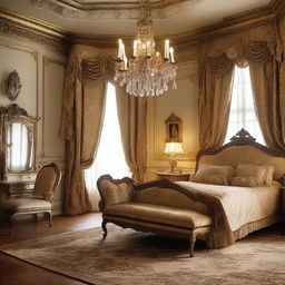 Create a luxurious hotel room inspired by the style of Louis XIV, featuring ornate furniture, rich fabrics, gilded decorations, and an opulent chandelier