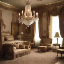 Create a luxurious hotel room inspired by the style of Louis XIV, featuring ornate furniture, rich fabrics, gilded decorations, and an opulent chandelier