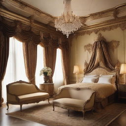 Create a luxurious hotel room inspired by the style of Louis XIV, featuring ornate furniture, rich fabrics, gilded decorations, and an opulent chandelier