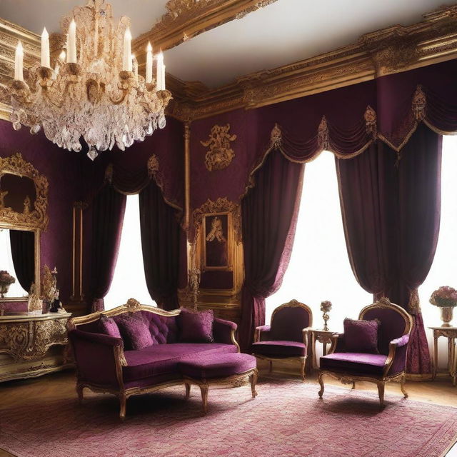 Create a luxurious hotel room inspired by the style of Louis XIV, featuring ornate furniture, rich fabrics, gilded decorations, and an opulent chandelier